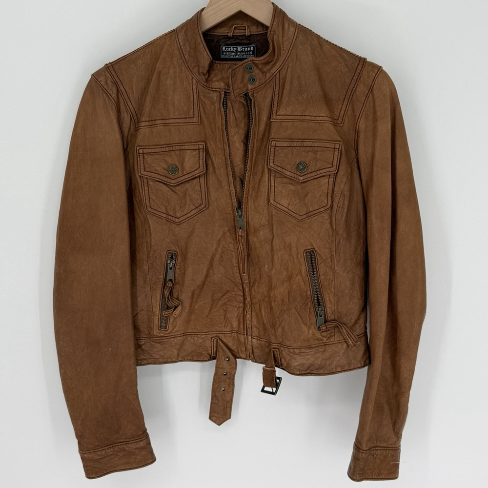 Lucky Brand Vintage Inspired Cognac Leather Jacket Women’s Medium - Picture 1 of 10